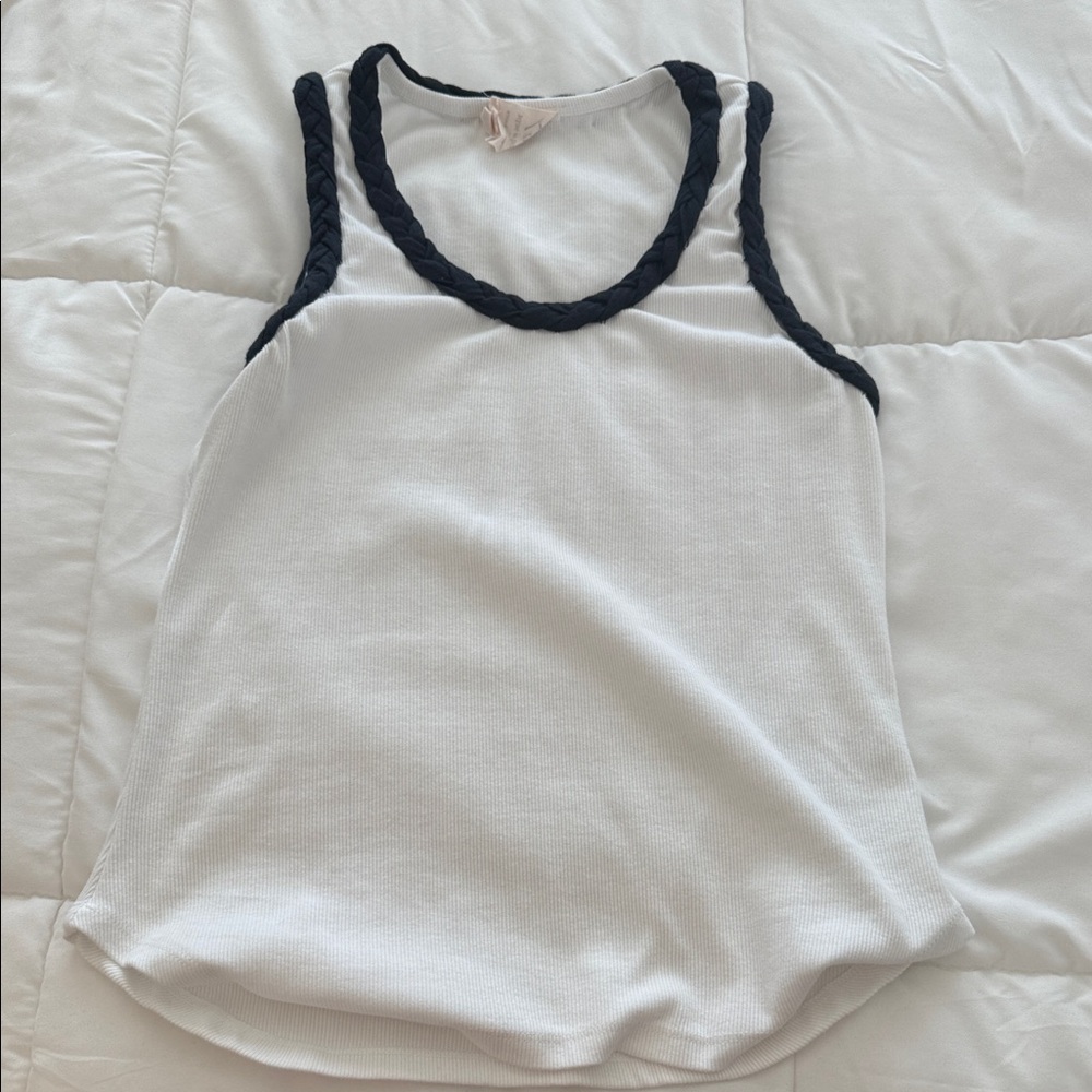 Cinq à Sept White and Navy Braided Trim Tank Top